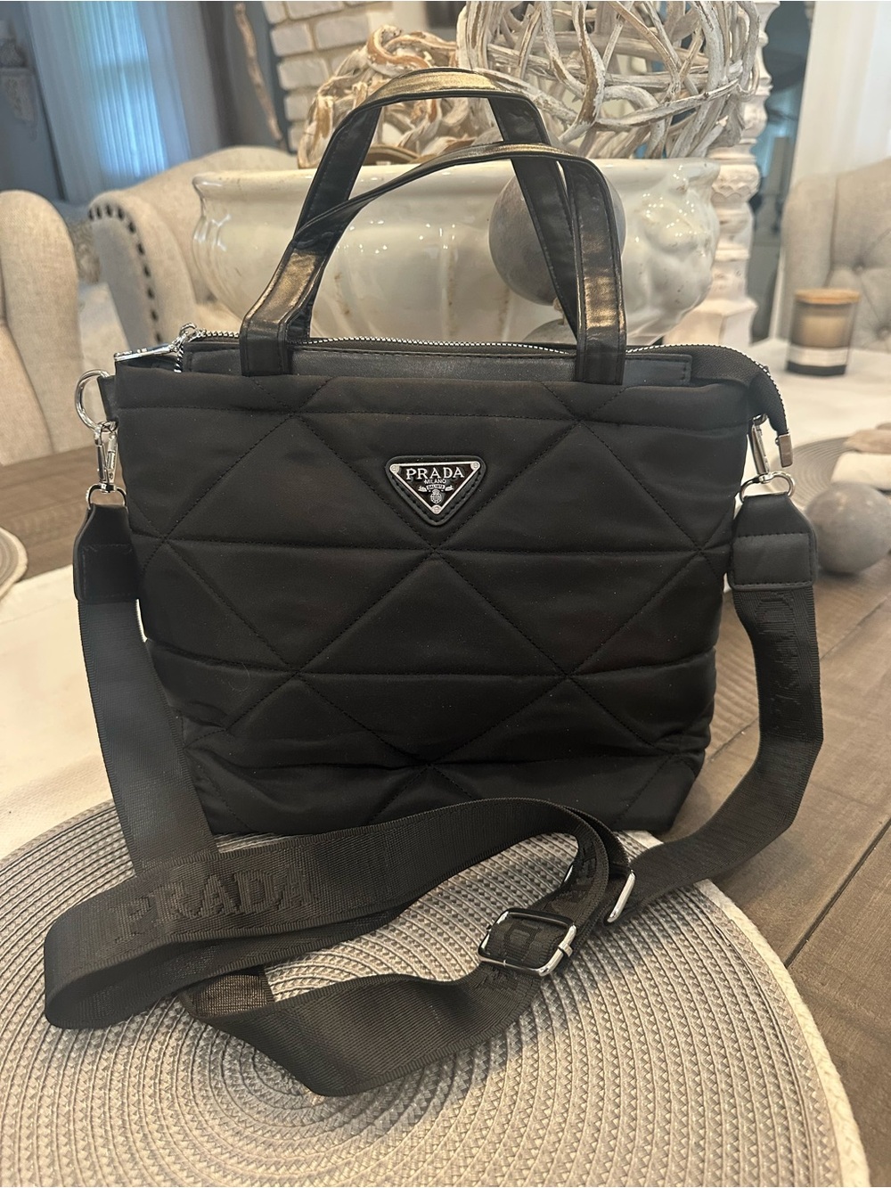 Black nylon silver tote medium crossbody bag handbag purse